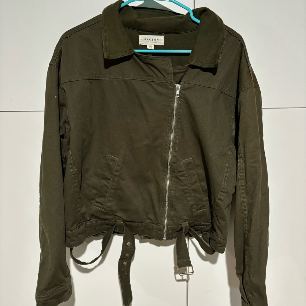 PacSun Women's Jacket Moto Cargo Green Military Buckle Crop Zip M/L Asymmetric